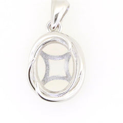 Sterling silver semi mount pendant setting featuring an oval design, customizable for various gemstone sizes.
