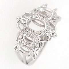Sterling silver semi mount ring setting with intricate Art Nouveau design for oval and multi stone gemstones.