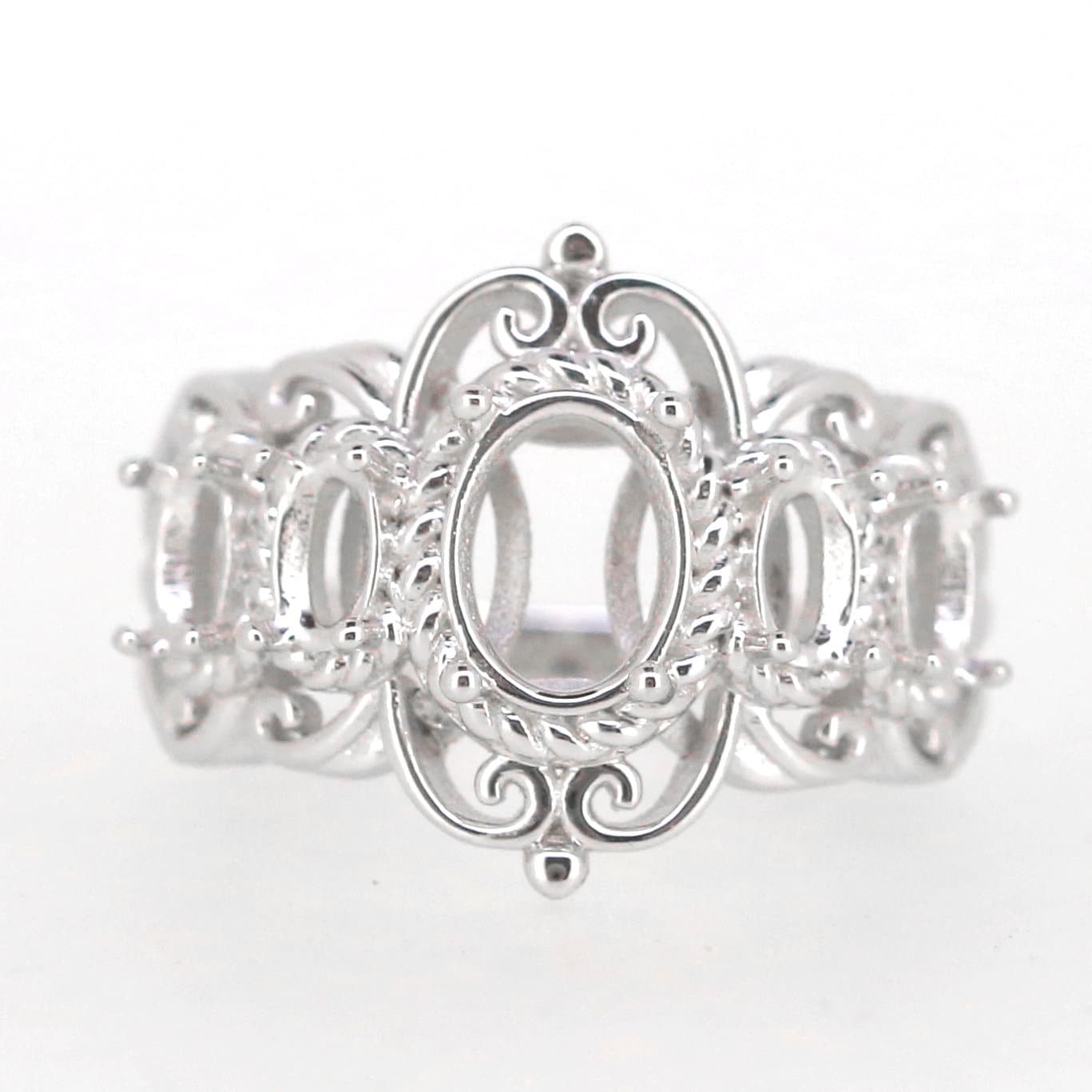 Sterling silver semi mount ring setting in Art Nouveau style, designed for an oval gemstone 8x6mm and 5x3mm multi stones.