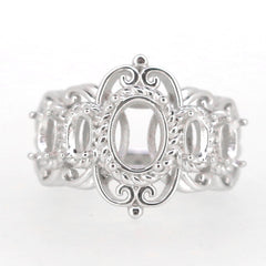 Sterling silver semi mount ring setting in Art Nouveau style, designed for an oval gemstone 8x6mm and 5x3mm multi stones.
