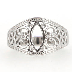 Sterling silver semi mount ring setting featuring marquise style design, perfect for personalized gemstone. Art Nouveau style.