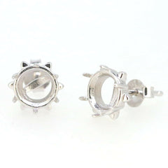 Sterling Silver Semi Mount Earrings Setting for 8x8mm Round Gemstones, stud design with detailed prong settings.
