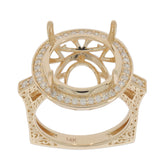 14K gold semi mount ring setting with halo design, featuring intricate detailing and space for a central gemstone.