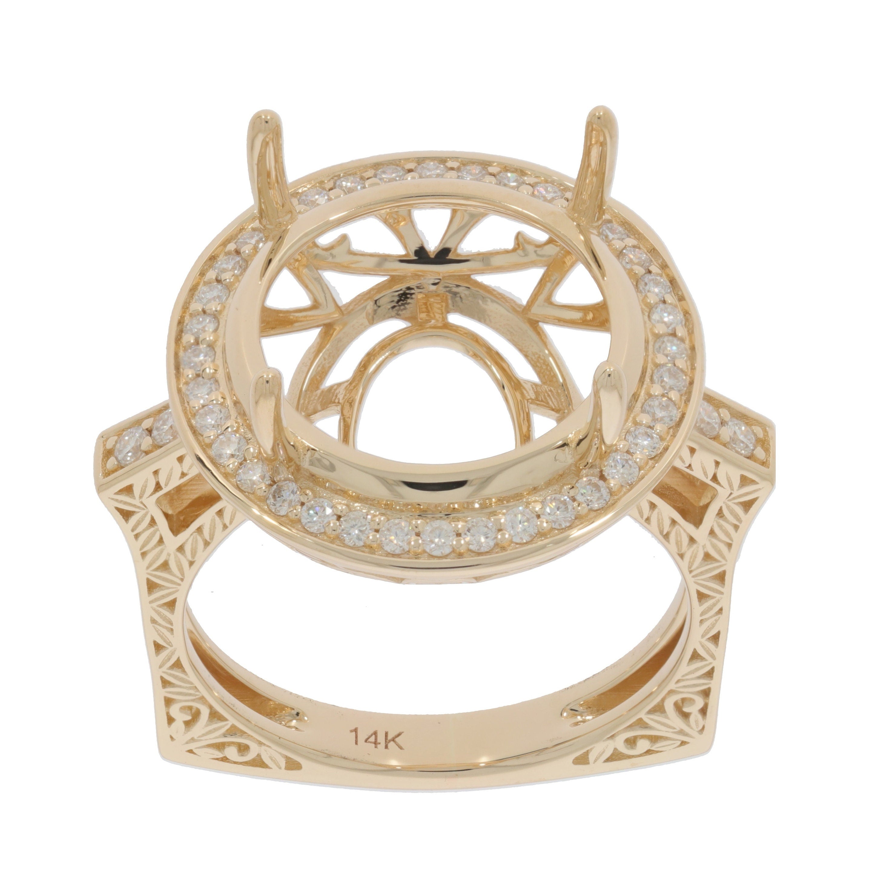 Custom 14K gold semi mount ring setting with halo and intricate band design, perfect for personalizing with your gemstone.