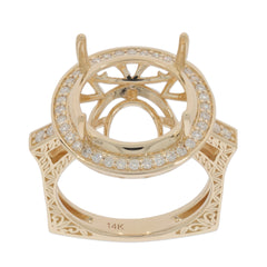 Custom 14K gold semi mount ring setting with halo and intricate band design, perfect for personalizing with your gemstone.