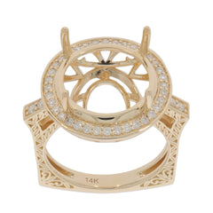 14K gold semi mount ring setting with halo design, featuring intricate detailing and space for a central gemstone.