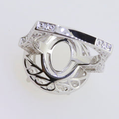 Custom sterling silver semi mount ring setting with intricate design, ideal for various gemstone sizes.