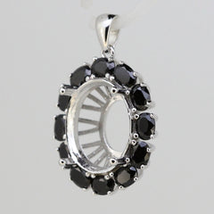 Sterling Silver Semi Mount Pendant Setting with black gemstones in a halo design, ideal for personalized jewelry.