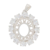 Sterling silver semi mount pendant setting with oval halo design, featuring multiple sparkling stones around the center.