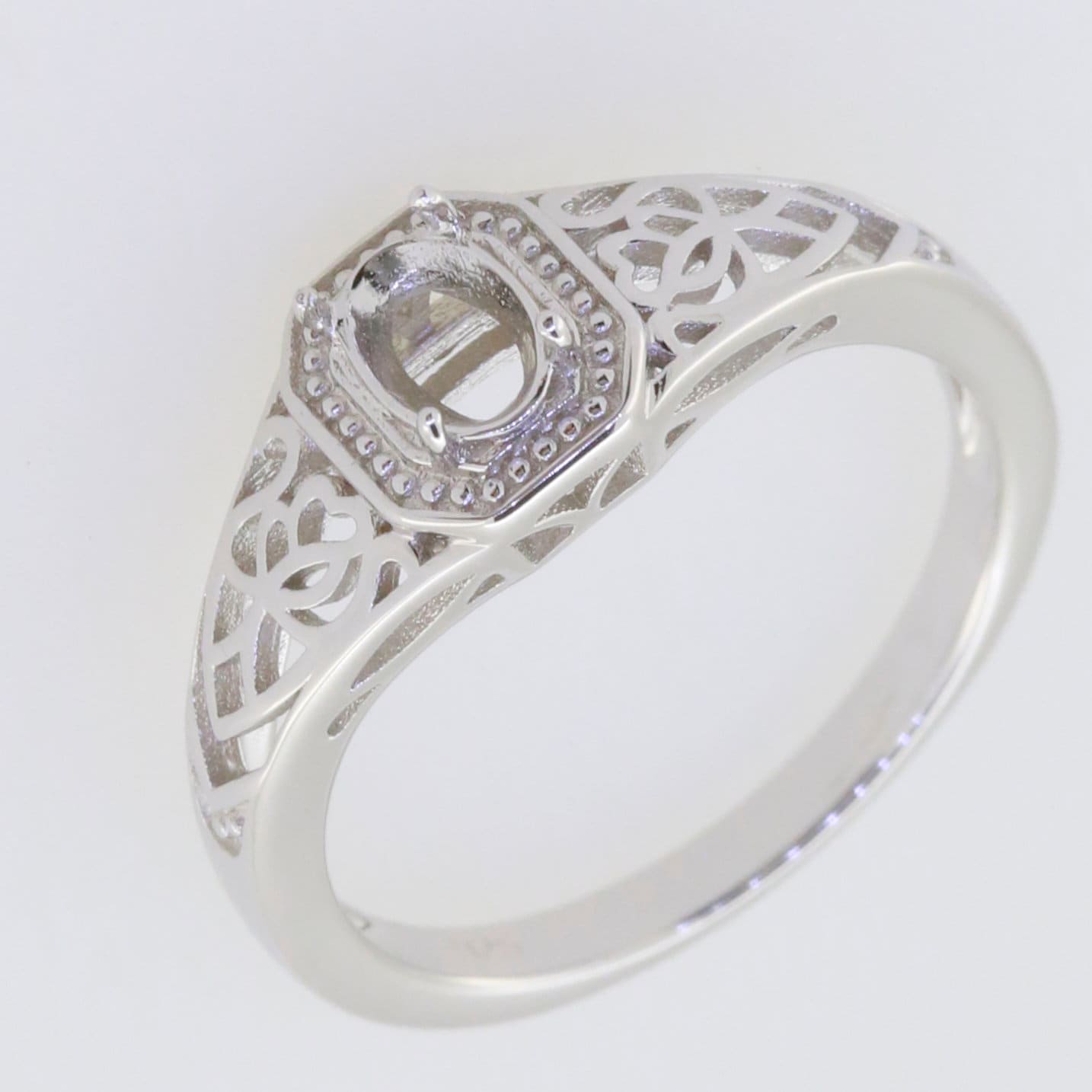 Sterling Silver semi mount ring setting with intricate vintage design, suitable for oval gemstones 6x4mm.