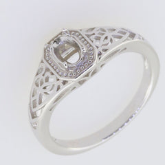 Sterling Silver semi mount ring setting with intricate vintage design, suitable for oval gemstones 6x4mm.