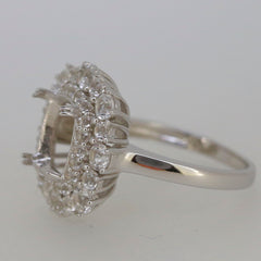 Sterling silver semi mount ring setting with cushion halo for 10x8mm gem, accented with white topaz.
