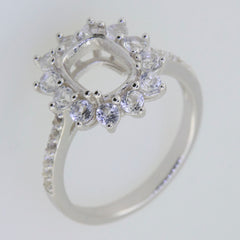 Sterling silver semi mount ring setting with halo of white topaz gems, designed for a 9x7mm cushion center stone.