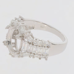 Sterling Silver Semi Mount Ring Setting with Oval and Baguette Halo, featuring White Topaz, 925 silver.