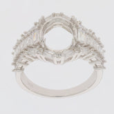 Sterling silver semi mount ring setting with oval and baguette halo for 11x9mm gemstones, featuring white topaz accents.