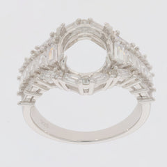 Sterling silver semi mount ring setting with oval and baguette halo for 11x9mm gemstones, featuring white topaz accents.