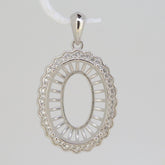 Sterling silver semi mount pendant setting oval shape with halo and white topaz accents, ready for custom gemstone.