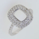 Sterling Silver Cushion Semi Mount Ring Setting with Double Halo and White Topaz Accents for Custom Sizes.