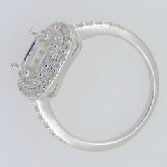 Sterling silver semi mount ring setting with double halo and white topaz accents, designed for a 9x7mm cushion stone.