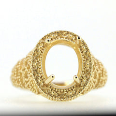 Sterling Silver Semi Mount Ring Setting with Oval Filigree Milgrain detail, designed for 11x9mm gemstones.