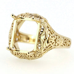 Sterling silver semi mount ring setting with intricate Art Deco design, designed for an emerald stone.