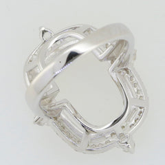 Sterling Silver semi mount ring setting for cushion stone 18x13mm with intricate design and white topaz accents.