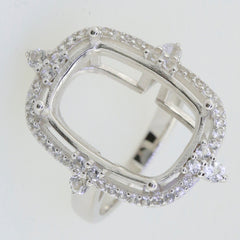Sterling Silver Semi Mount Ring Setting with White Topaz accents, empty cushion cut for main gemstone, elegant design.
