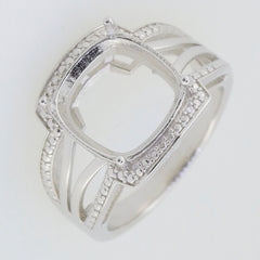 Sterling silver semi mount ring setting with white topaz accents, designed for a 12x12mm gemstone.