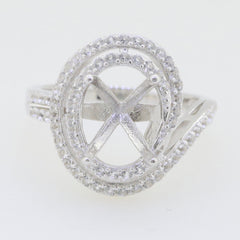 Sterling silver semi mount ring setting with oval double halo and white topaz, customizable size option.