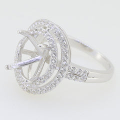 Sterling silver semi mount ring setting with double halo and white topaz gemstones for oval 11x9mm stone.