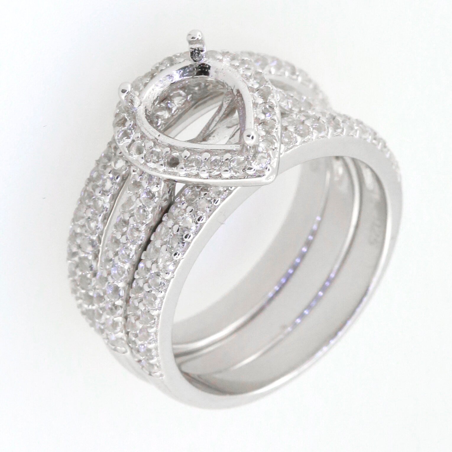 3-piece sterling silver semi mount ring setting with pear Moissanite accents for engagement and wedding.