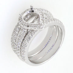 3-piece sterling silver semi mount ring setting with pear Moissanite accents for engagement and wedding.