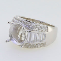 Sterling Silver Semi Mount Ring Setting with Round 12x12mm Halo and Channel Set Baguette Accents.