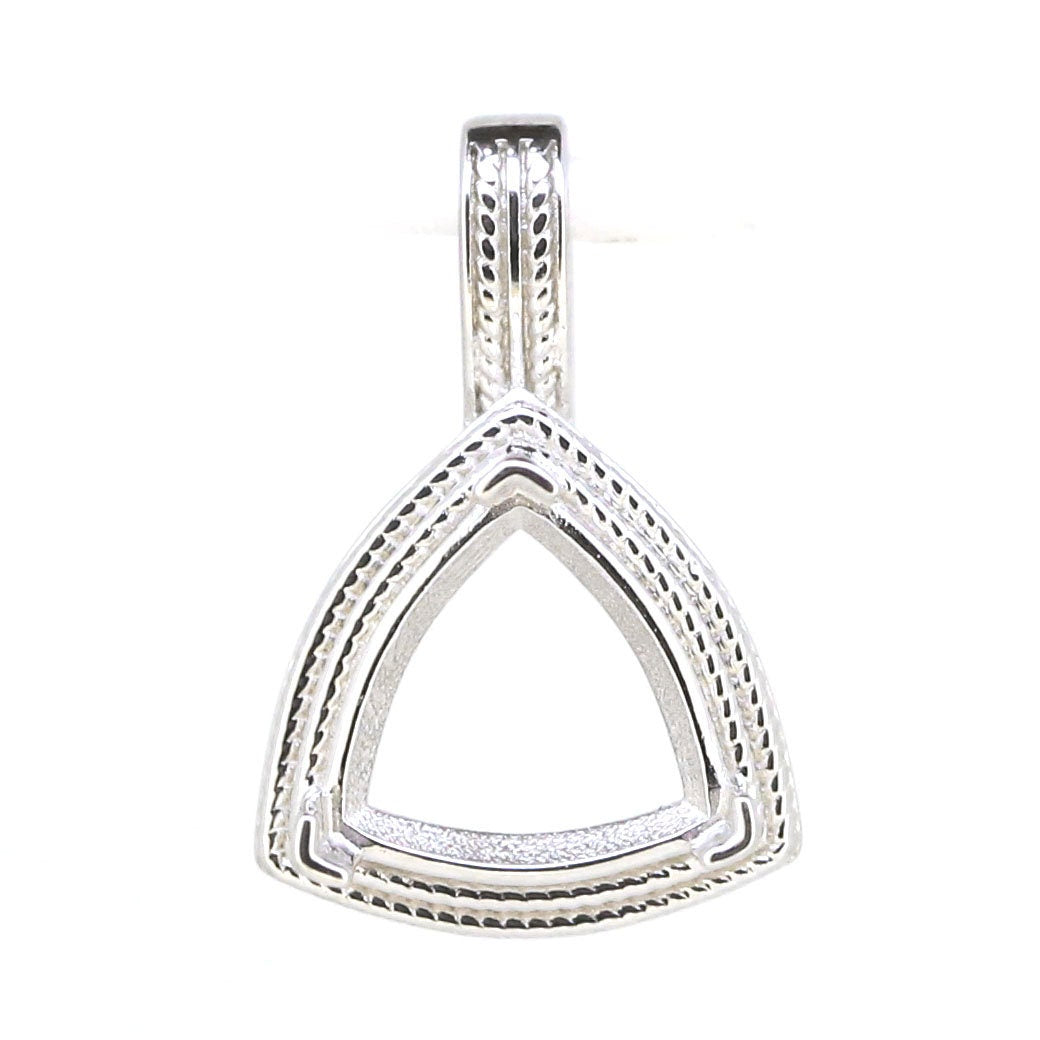 Sterling silver semi mount pendant setting in vintage style, featuring a milgrain design and triangular shape.