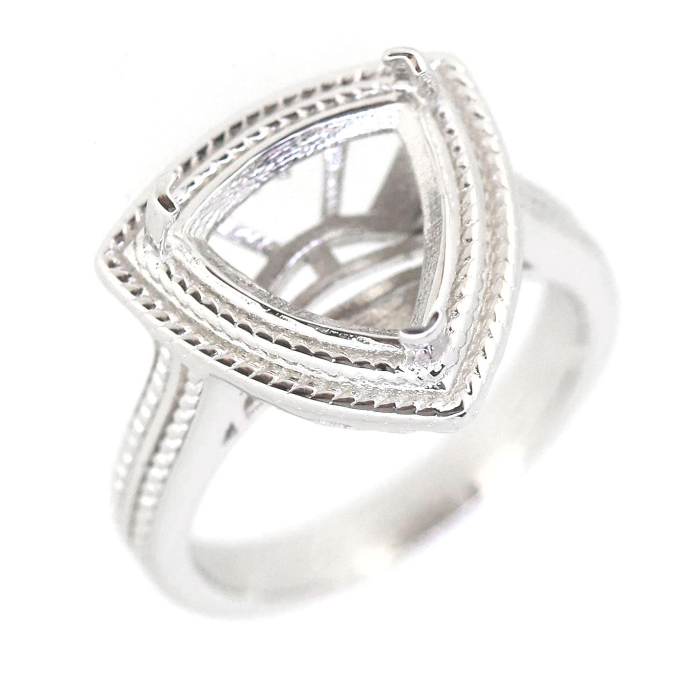 Sterling silver semi mount ring setting with trillion cut, milgrain detail, vintage style for gemstones.