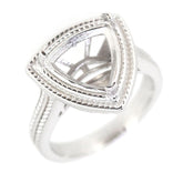 Sterling silver semi mount ring setting with trillion cut, milgrain detail, vintage style for gemstones.