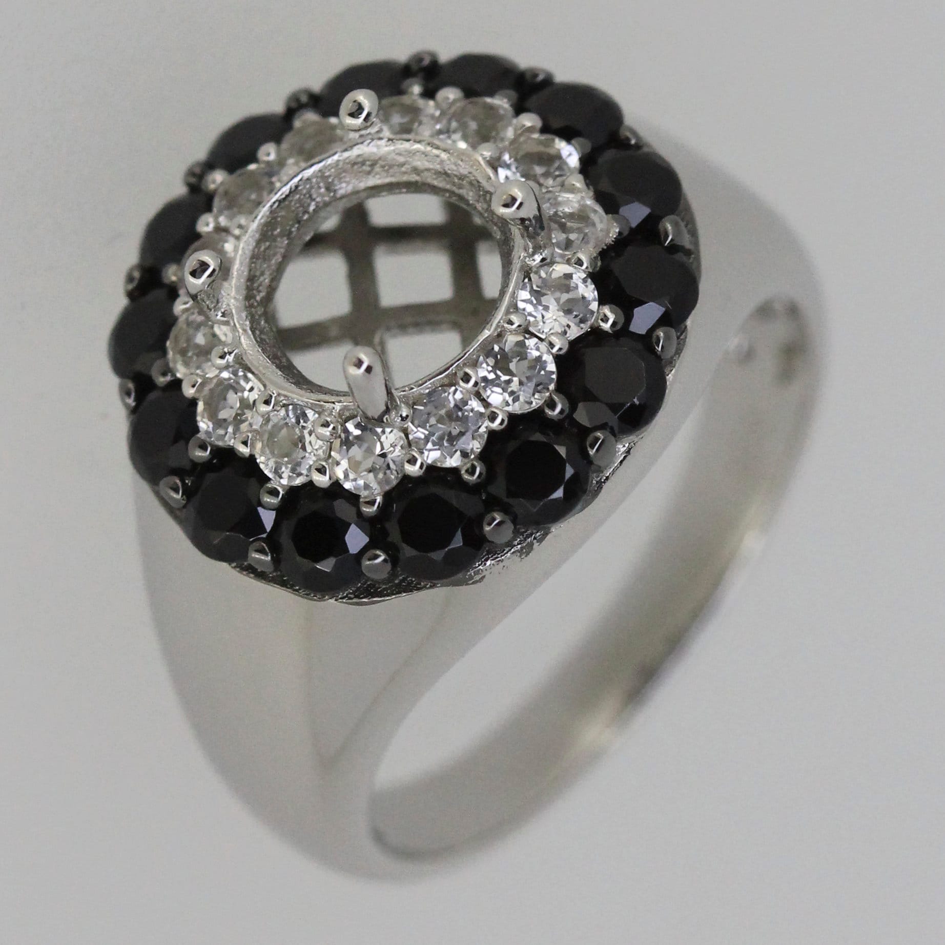 Sterling Silver semi mount ring setting with round 8x8mm double halo of black spinel and white topaz accent stones.