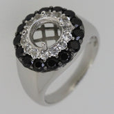 Sterling Silver semi mount ring setting with round 8x8mm double halo of black spinel and white topaz accent stones.
