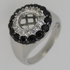 Sterling Silver semi mount ring setting with round 8x8mm double halo of black spinel and white topaz accent stones.