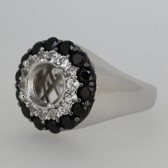 Sterling silver semi mount ring setting with round 8x8mm double halo of black spinel and white topaz accent.