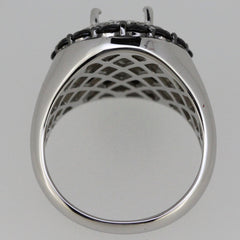 Sterling silver semi mount ring setting with round 8x8mm double halo design showcasing black spinel and white topaz accent.