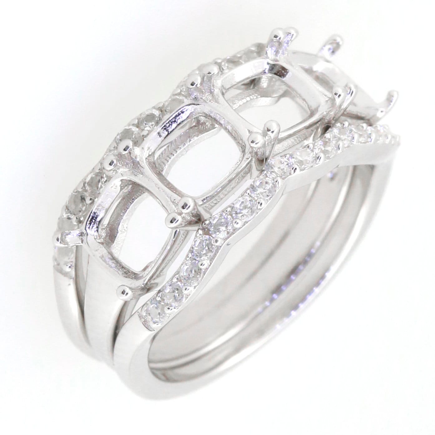 Sterling Silver Semi Mount Ring Setting with White Topaz 6x6mm, ideal for engagement or multi-stone jewelry.