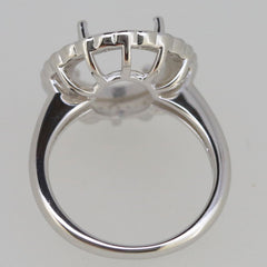 Sterling silver semi mount ring setting, oval halo style, designed for 14x12mm gemstone with Moissanite accents.