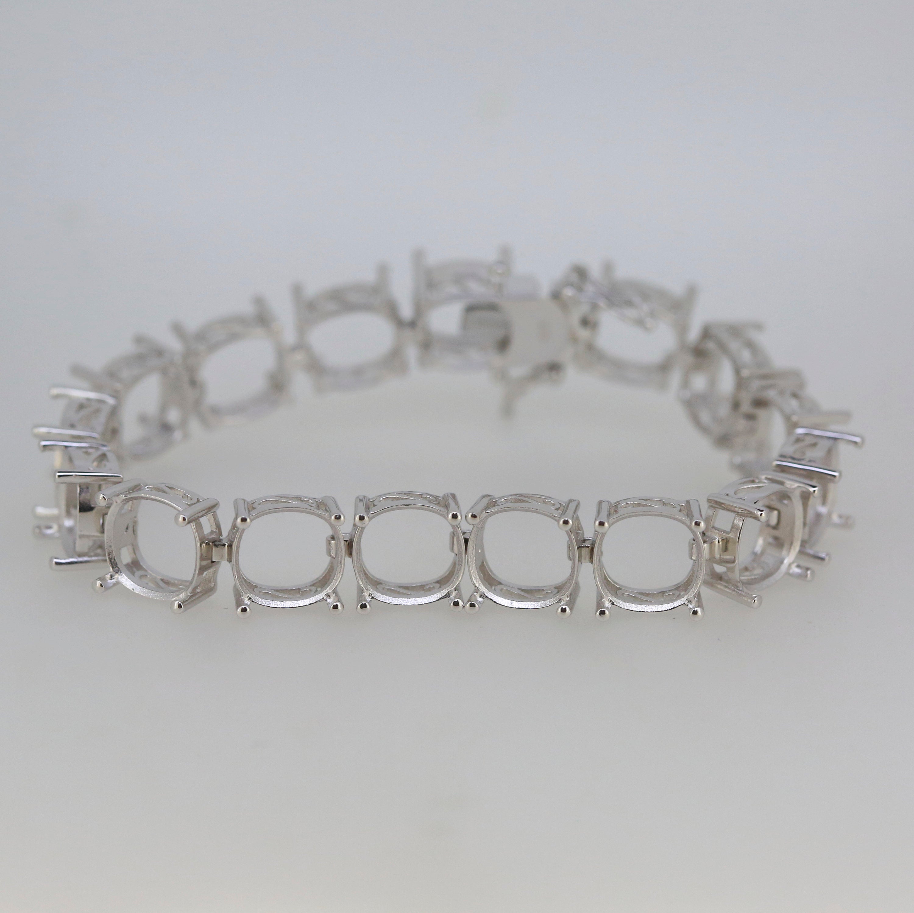 Sterling Silver semi mount tennis bracelet setting with cushion slots for gemstones, made to order, stainless steel tongue.