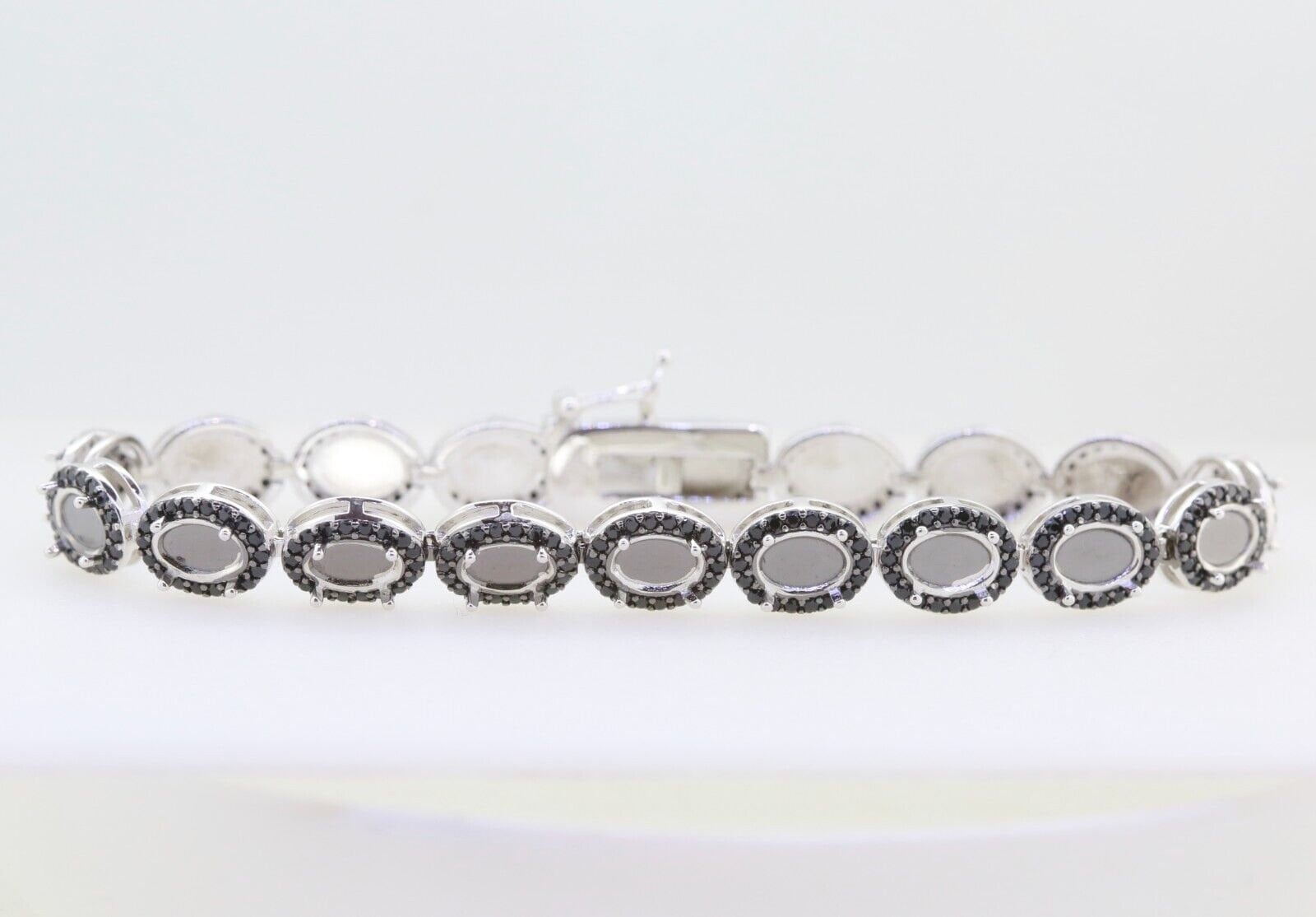 Sterling Silver Semi Mount Tennis Bracelet Setting with Black Spinel, Oval Cabochon Halo Design