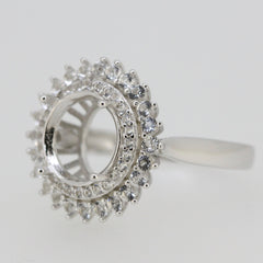 Sterling silver semi mount ring setting with double halo and white topaz accents, designed for custom gemstone sizes.