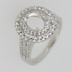 Custom Sterling Silver Semi Mount Ring Setting with Oval Halo and White Topaz Accents for 7x5mm stone.