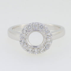 Sterling Silver semi mount ring setting with round halo and D color Moissanite accents. Perfect for custom engagement rings.