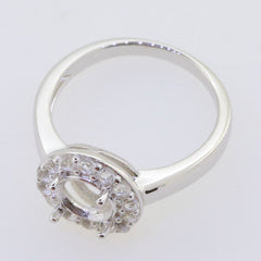 Sterling Silver Semi Mount Ring Setting with Round Halo and Moissanite Accents, 7x7mm design, elegant and customizable.