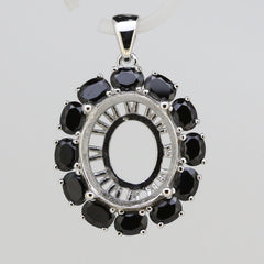 Sterling Silver Semi Mount Pendant Setting Oval 14x10 with a Halo of Black Gemstones.
